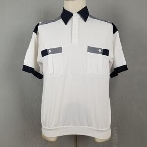 Classics By Palmland Shirt Mens Medium White Navy Banded Bottom Polo Golf Casual